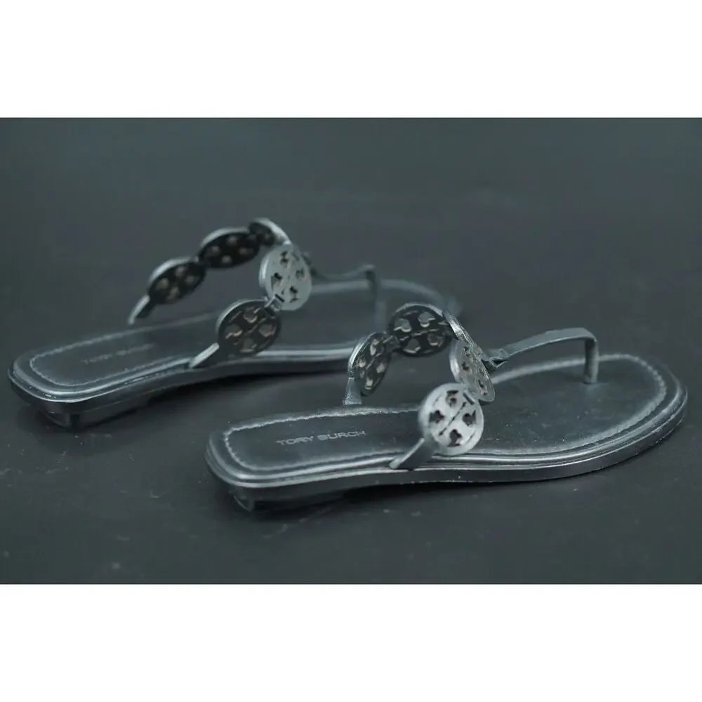 Tory Burch Miller Tiny Black Leather Thong Sandals SZ 7.5 $235 Logo Flip Flop